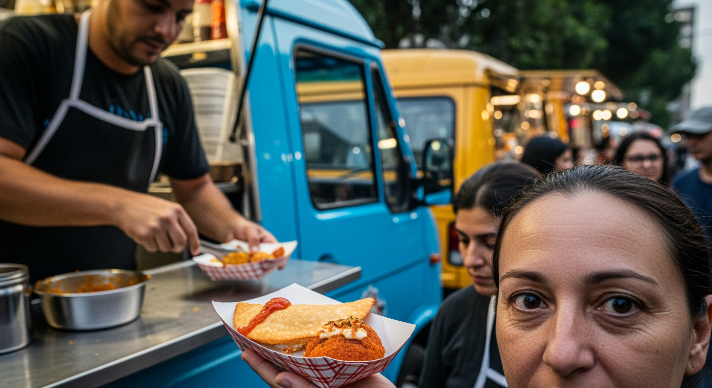 Modelos de locação de food truck em SP: contratante avaliando truck com equipe e adesivação