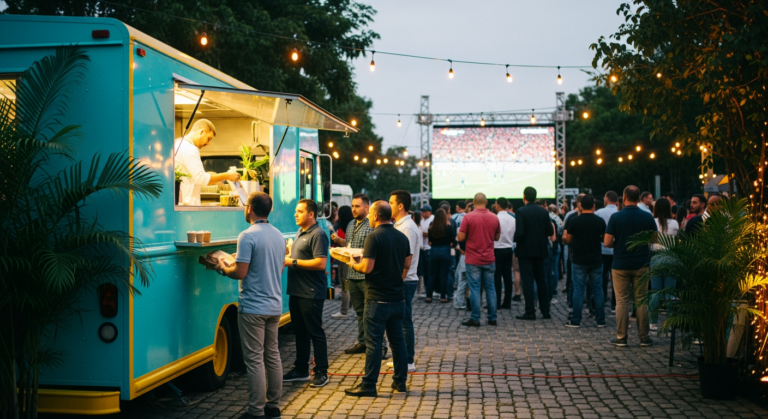 Transmissão da Copa do Mundo 2026 em fábrica com food truck atendendo segundo turno