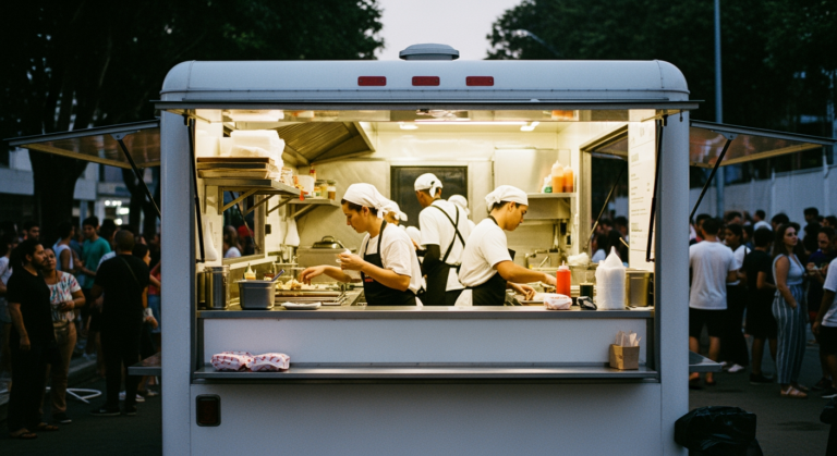 Praça de alimentação com food trucks em evento corporativo gerando engajamento